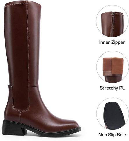 DREAM PAIRS Women's Knee High Boots Square Toe Low Block Heel Casual Comfort Riding Long Boots with Side Zipper in Kuwait
