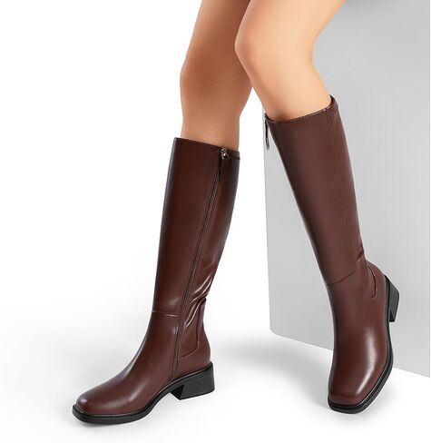 DREAM PAIRS Women's Knee High Boots Square Toe Low Block Heel Casual Comfort Riding Long Boots with Side Zipper in Kuwait