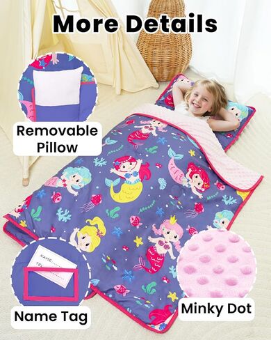 Primlect Toddler Nap Mat with Detachable Blanket and Removable Pillow, Kids Sleeping Bag 55''x35'' for Daycare Preschool Kindergarten, Toddler Sleeping Mat for Boys and Girls in Kuwait