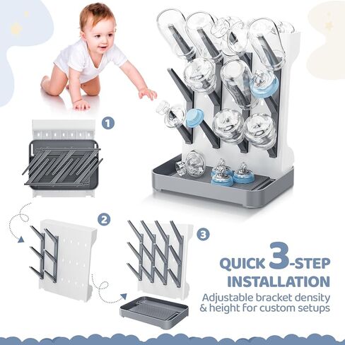 رف تجفيف زجاجة الأطفال ، منظم زجاجة أطفال لل كونترتوب ، حامل زجاجة لتوفير مساحة الرفوف الجفاف لزجاجات الأطفال وتنظيف جزء المضخة (رمادي) in Kuwait