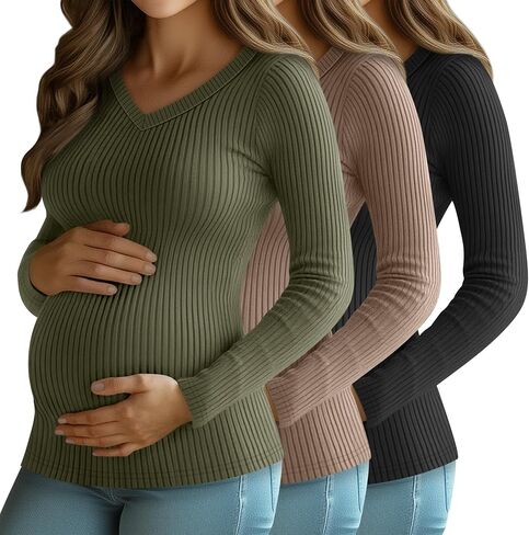 3 Pack Women's Maternity Shirts Fleece Long Sleeve Ribbed Slim Fit V Neck Pregnancy Clothes Thermal Casual Tops in Kuwait