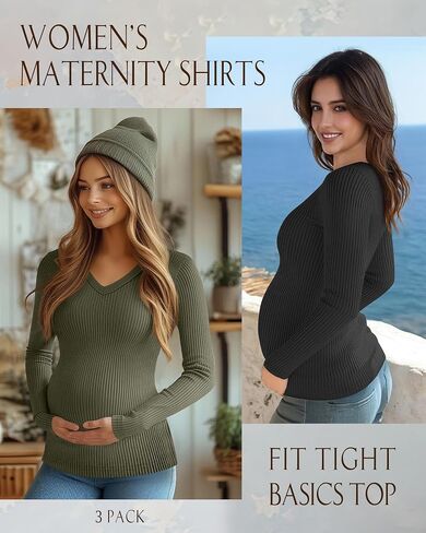 3 Pack Women's Maternity Shirts Fleece Long Sleeve Ribbed Slim Fit V Neck Pregnancy Clothes Thermal Casual Tops in Kuwait