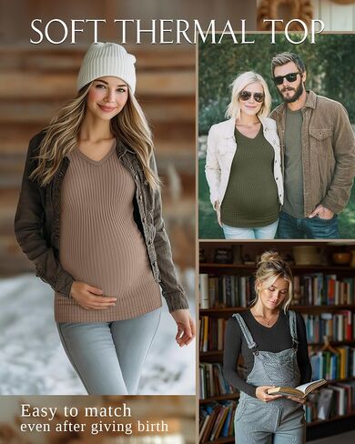 3 Pack Women's Maternity Shirts Fleece Long Sleeve Ribbed Slim Fit V Neck Pregnancy Clothes Thermal Casual Tops in Kuwait