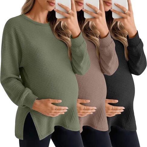 3 حزمة قمصان الأمومة النسائية الأكمام طويلة الأكمام الوافرة متماسكة تقسيم قمم حرارية للملابس الحمل الخريف المحملات in Saudi Arabia