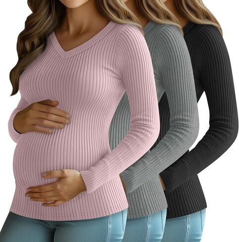3 Pack Women's Maternity Shirts Fleece Long Sleeve Ribbed Slim Fit V Neck Pregnancy Clothes Thermal Casual Tops in Kuwait