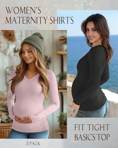 3 Pack Women's Maternity Shirts Fleece Long Sleeve Ribbed Slim Fit V Neck Pregnancy Clothes Thermal Casual Tops in Kuwait