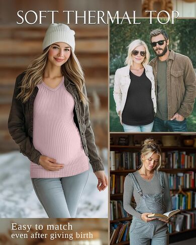 3 Pack Women's Maternity Shirts Fleece Long Sleeve Ribbed Slim Fit V Neck Pregnancy Clothes Thermal Casual Tops in Kuwait