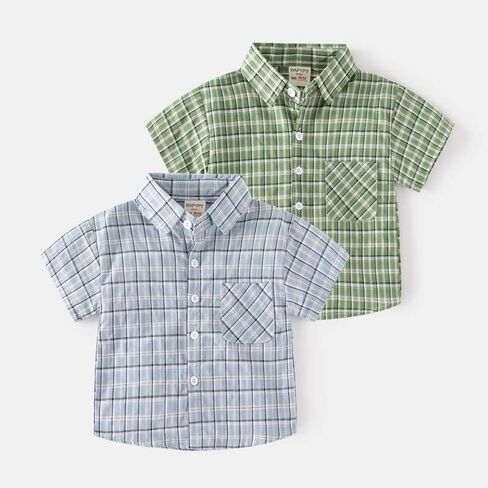 Toddler Little Baby Boy Blouse Shirt Short Sleeve Casual Cute Summer Plaid Button Front Color Block Tops Polo Clothes in Saudi Arabia