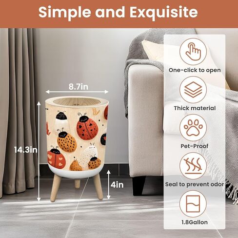 Bathroom Trash Can with Lid Delightful Heart Ladybird Fabric Bright Nursery Charm Garbage Bin Waste Basket for Kitchen Office Bedroom Decoration Diaper Pail 1.8 Gallon in Kuwait