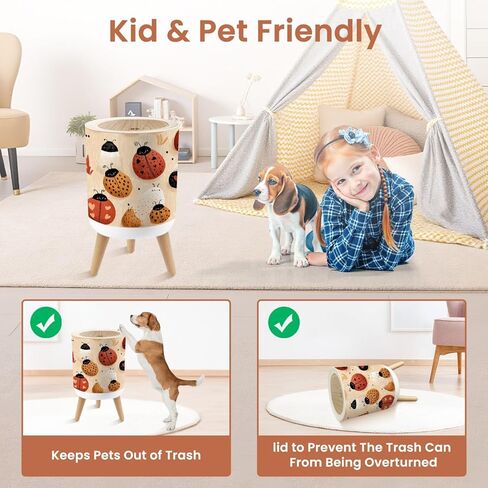 Bathroom Trash Can with Lid Delightful Heart Ladybird Fabric Bright Nursery Charm Garbage Bin Waste Basket for Kitchen Office Bedroom Decoration Diaper Pail 1.8 Gallon in Kuwait