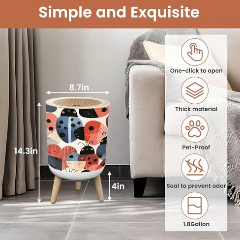 Bathroom Trash Can with Lid Funky Heart Ladybird Textile for Nursery Reds Greens Garbage Bin Waste Basket for Kitchen Office Bedroom Decoration Diaper Pail 1.8 Gallon in Kuwait