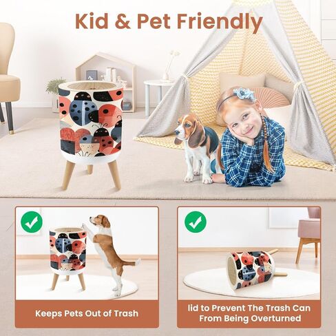 Bathroom Trash Can with Lid Funky Heart Ladybird Textile for Nursery Reds Greens Garbage Bin Waste Basket for Kitchen Office Bedroom Decoration Diaper Pail 1.8 Gallon in Kuwait
