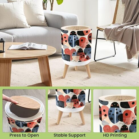 Bathroom Trash Can with Lid Funky Heart Ladybird Textile for Nursery Reds Greens Garbage Bin Waste Basket for Kitchen Office Bedroom Decoration Diaper Pail 1.8 Gallon in Kuwait