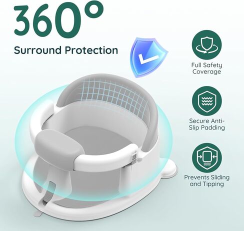 Baby Bath Seat Baby Bathtub - with Strong Suction Cups and 360° Surround Support – Easy Release, Non-Slip Cushion, Lockable Armrests – Infant Bath Chair for Babies 6-24 Months, Grey in Saudi Arabia