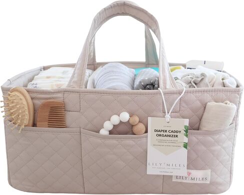 Lily Miles Baby Diaper Caddy Organizer ، منظم تخزين الحضانة المبالغ لحضور الأطفال حديثي الولادة ومحطة تغيير الحفاضات ، هدية للاستحمام الطفل والسجل يجب أن يكون (رمال ناعمة) in Kuwait