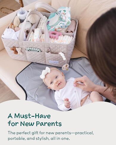 Lily Miles Baby Diaper Caddy Organizer ، منظم تخزين الحضانة المبالغ لحضور الأطفال حديثي الولادة ومحطة تغيير الحفاضات ، هدية للاستحمام الطفل والسجل يجب أن يكون (رمال ناعمة) in Kuwait