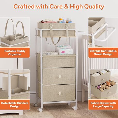 عربة منظم CADDY CADDY Baby مع أدراج - عربة تخزين 3in1 مع عجلات ، وعلبة حفاضات قابلة للإزالة ، مقسمات قابلة للفصل - للسرقة ، غرفة النوم ، منظم الفن والحرف (قبالة أبيض) in Kuwait