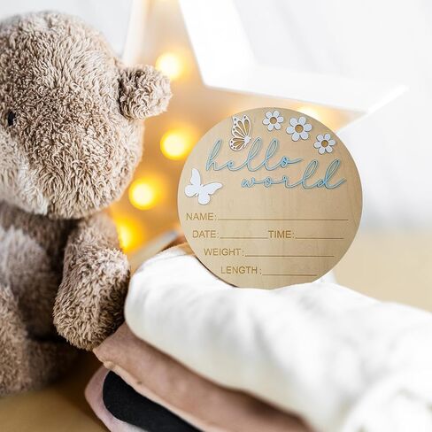 Hello World Newborn Sign - 5.9 "علامة إعلان خشبية مستديرة مع بالون الهواء الساخن ثلاثي الأبعاد ، والغيوم والنجوم - التذوق هدية الولادة لليوم الأول للطفل أو المستشفى أو الدش أو الحضانة (الأزرق) in Kuwait