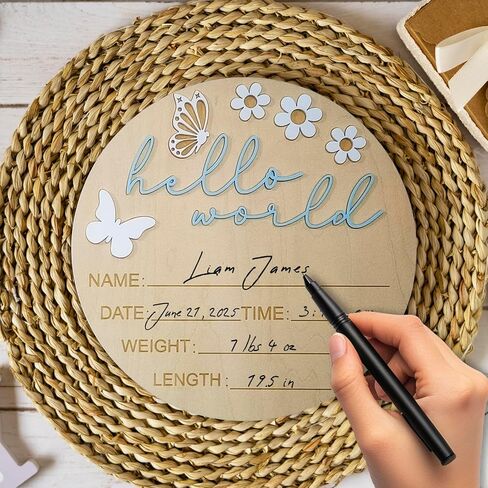 Hello World Newborn Sign - 5.9 "علامة إعلان خشبية مستديرة مع بالون الهواء الساخن ثلاثي الأبعاد ، والغيوم والنجوم - التذوق هدية الولادة لليوم الأول للطفل أو المستشفى أو الدش أو الحضانة (الأزرق) in Kuwait