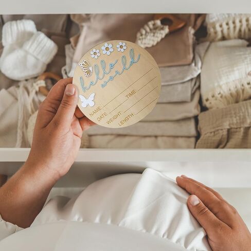 Hello World Newborn Sign - 5.9 "علامة إعلان خشبية مستديرة مع بالون الهواء الساخن ثلاثي الأبعاد ، والغيوم والنجوم - التذوق هدية الولادة لليوم الأول للطفل أو المستشفى أو الدش أو الحضانة (الأزرق) in Kuwait
