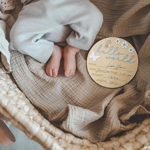 Hello World Newborn Sign - 5.9 "علامة إعلان خشبية مستديرة مع بالون الهواء الساخن ثلاثي الأبعاد ، والغيوم والنجوم - التذوق هدية الولادة لليوم الأول للطفل أو المستشفى أو الدش أو الحضانة (الأزرق) in Kuwait