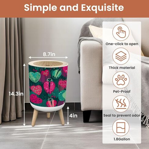 حمام سلة المهملات مع غطاء Lidbird Hearts Kids For Modern Decory Decory Darbage Bin Waste Basket for Kitchen Office Bedroom Digoration Diaper Pail 1.8 Gallon in Kuwait
