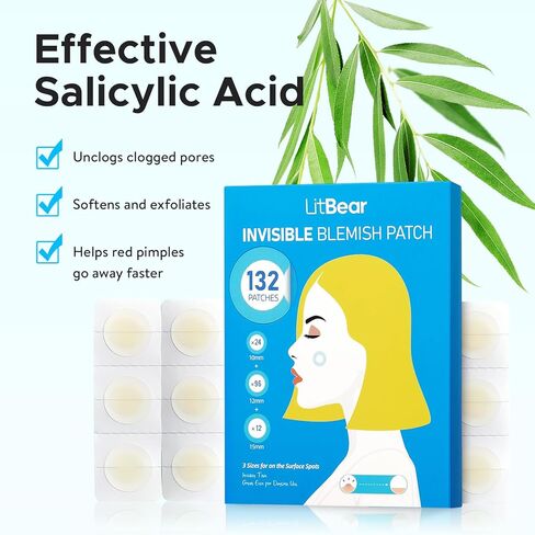 رقع البثور من ليتبير، غطاء بقعة غير مرئي، رقع حب الشباب الغروانية المائية للوجه مع حافة خارجية أرق، رقعة ماصة لحب الشباب بحمض الساليسيليك للرؤوس البيضاء وحب الشباب الكيسي، 3 أحجام 66 قطعة in Kuwait