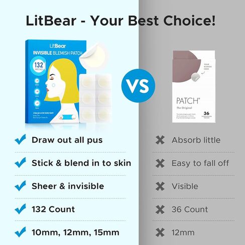 رقع البثور من ليتبير، غطاء بقعة غير مرئي، رقع حب الشباب الغروانية المائية للوجه مع حافة خارجية أرق، رقعة ماصة لحب الشباب بحمض الساليسيليك للرؤوس البيضاء وحب الشباب الكيسي، 3 أحجام 66 قطعة in Kuwait