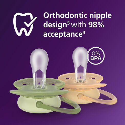 Philips Avent Ultra Soft Packifiers-تصميم تقويم الأسنان ، للأطفال من 6 إلى 18 شهرًا ، درع مرن ، حلمة متماثلة من السيليكون ، خالية من BPA ، 2 حالة تعقيم ، 4 حزمة ، SCF091/51 in Saudi Arabia