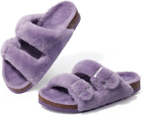 KIDMI Fuzzy Slippers Women with Cork Footbed Fluffy Slides Open Toe Indoor House Shoes | Arch Support | Adjustable Buckles in Kuwait