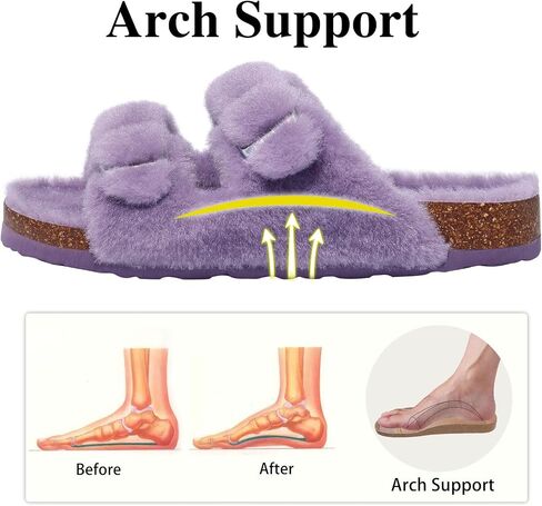 KIDMI Fuzzy Slippers Women with Cork Footbed Fluffy Slides Open Toe Indoor House Shoes | Arch Support | Adjustable Buckles in Kuwait