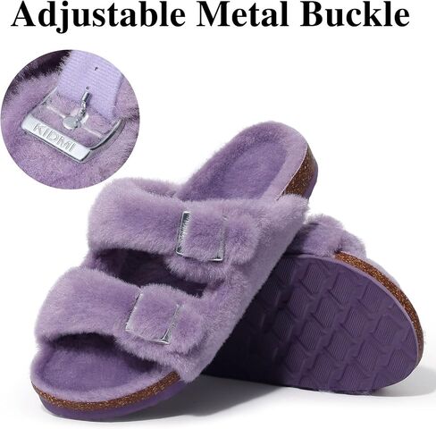 KIDMI Fuzzy Slippers Women with Cork Footbed Fluffy Slides Open Toe Indoor House Shoes | Arch Support | Adjustable Buckles in Kuwait