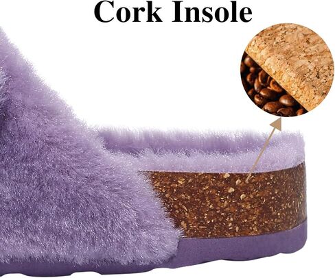 KIDMI Fuzzy Slippers Women with Cork Footbed Fluffy Slides Open Toe Indoor House Shoes | Arch Support | Adjustable Buckles in Kuwait