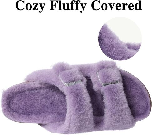 KIDMI Fuzzy Slippers Women with Cork Footbed Fluffy Slides Open Toe Indoor House Shoes | Arch Support | Adjustable Buckles in Kuwait