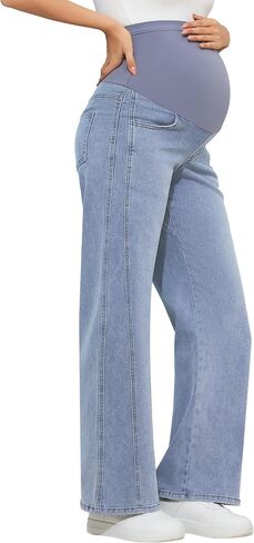 POSHGLAM Women's Maternity Jeans Wide Leg Side Seam 4 Pockets Stretchy Comfy Pregnancy Denim Pants, S-XXL in Kuwait