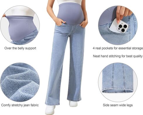 POSHGLAM Women's Maternity Jeans Wide Leg Side Seam 4 Pockets Stretchy Comfy Pregnancy Denim Pants, S-XXL in Kuwait