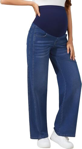 POSHGLAM Women's Maternity Jeans Wide Leg Side Seam 4 Pockets Stretchy Comfy Pregnancy Denim Pants, S-XXL in Kuwait