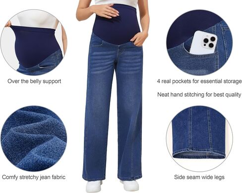 POSHGLAM Women's Maternity Jeans Wide Leg Side Seam 4 Pockets Stretchy Comfy Pregnancy Denim Pants, S-XXL in Kuwait