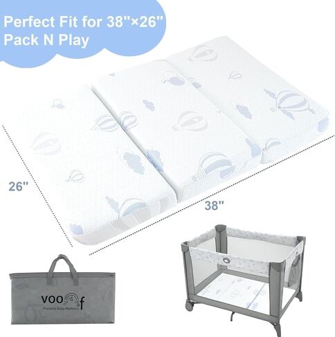 Trifold Pack and Play Mattress, 38"x26" High Density Foam Pack N Play Mattresses for Baby Toddler, Portable Travel Crib Mattress for Pack N Play, Playpen with Carry Bag, 1.5" in Kuwait