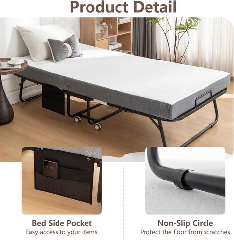 سرير قابل للطي 75 "× 38" مع مرتبة وسرير قابل للطي محمول مع مرتبة رغوة الذاكرة 5 "وإطار معدني للبالغين ، ضيفًا بعيدًا على عجلات ، وجيب تخزين جانبي ، وتوفير مساحة ، وتخزين سهل in Kuwait