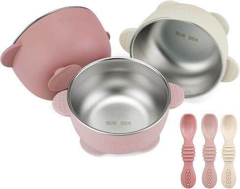 PandaEar 3 Pack Stainless Steel Suction Baby Bowls & 3 Baby Feeding Spoons | Non-Slip Stay Put Bowls & Soft Silicone First Stage Spoons for Toddlers, BPA-Free Baby Led Weaning Set (Linen Brown Grey) in Saudi Arabia