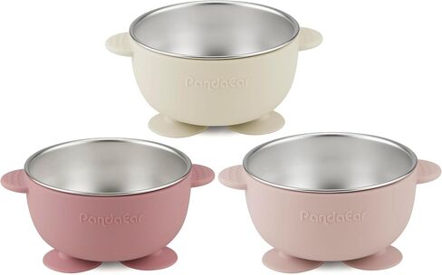 PandaEar 3 Pack Stainless Steel Suction Baby Bowls & 3 Baby Feeding Spoons | Non-Slip Stay Put Bowls & Soft Silicone First Stage Spoons for Toddlers, BPA-Free Baby Led Weaning Set (Linen Brown Grey) in Saudi Arabia