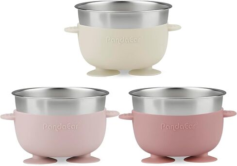 PandaEar 3 Pack Stainless Steel Suction Baby Bowls & 3 Baby Feeding Spoons | Non-Slip Stay Put Bowls & Soft Silicone First Stage Spoons for Toddlers, BPA-Free Baby Led Weaning Set (Linen Brown Grey) in Saudi Arabia