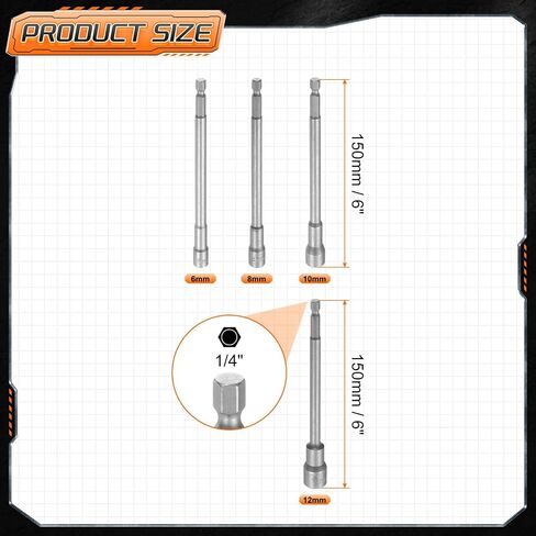 HARFINGTON 4pcs Nut Driver Drill Bit 6-12mm Metric Impact Socket 1/4" Hex Shank 6" (150mm) Extra Long Magnetic 6-Point Sockets Quick-Change CR-V Steel Bolt Setter for Power Drill Drivers in Saudi Arabia