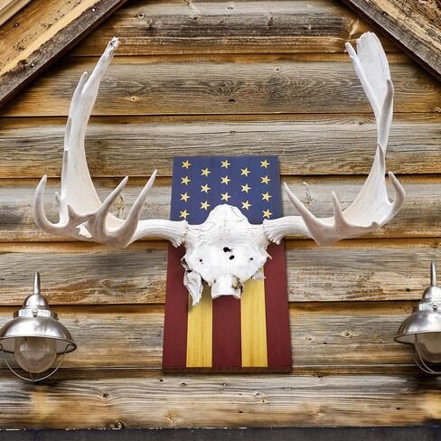 Sintuff 2 جهاز كمبيوتر شخصى العلم الغزلان الجمجمة تركيب عدة الأوروبي جبل الجمجمة شماعات خشبية الغزلان تصاعد اللوحة لقرون الجمجمة القرن الجدار ديكور المنزل في الهواء الطلق هدية عيد الاستقلال، 17 × 8 × 0.6 بوصة in Kuwait