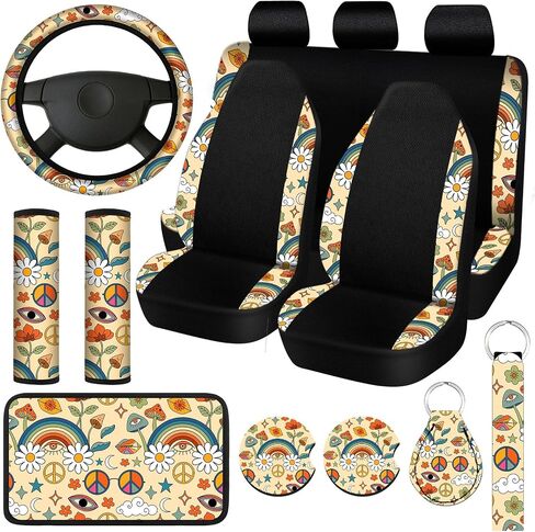 Riakrum 15 Pcs Moon Stars and Sun Seat Covers Full Set Thick Car Front and Back Seat Covers Steering Wheel Cover Seatbelt Strap Cover Armrest Pads Cup Mat Wrist Strap Key Chains for Auto Truck in Kuwait