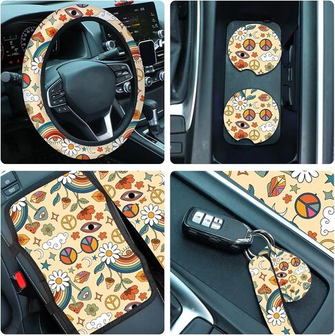 Riakrum 15 Pcs Moon Stars and Sun Seat Covers Full Set Thick Car Front and Back Seat Covers Steering Wheel Cover Seatbelt Strap Cover Armrest Pads Cup Mat Wrist Strap Key Chains for Auto Truck in Kuwait