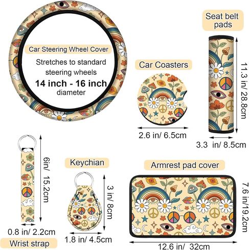 Riakrum 15 Pcs Moon Stars and Sun Seat Covers Full Set Thick Car Front and Back Seat Covers Steering Wheel Cover Seatbelt Strap Cover Armrest Pads Cup Mat Wrist Strap Key Chains for Auto Truck in Kuwait