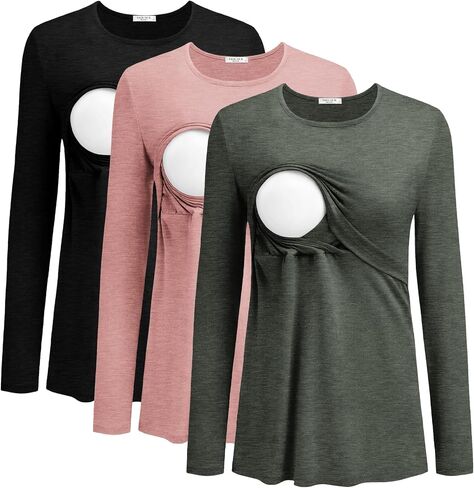 Ekouaer Women Long Sleeve Nursing Shirts 3 Pack Breastfeeding Round Neck Top Double Layer Maternity Tshirt Pregnancy Clothes in Saudi Arabia