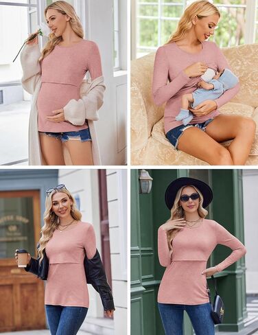 Ekouaer Women Long Sleeve Nursing Shirts 3 Pack Breastfeeding Round Neck Top Double Layer Maternity Tshirt Pregnancy Clothes in Saudi Arabia